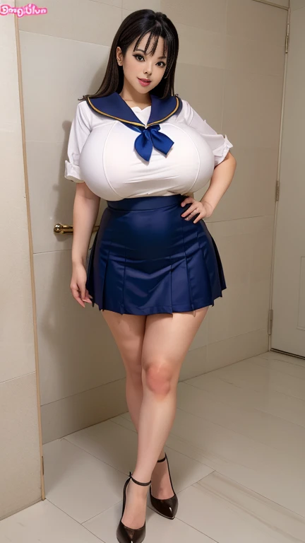 Big Breasts, Big Hips, Full Body Shot, Mature mother, Voluptuous thighs, Whole calf, Seductive mature woman, Perfect body, Plus Size Model, Sailor suit, Wearing high heels,Miniskirt Uniform, 