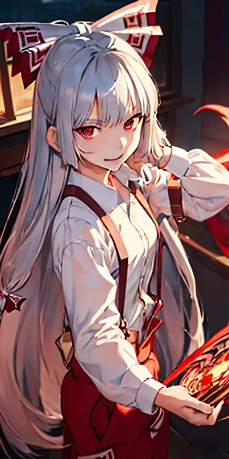(masterpiece, best quality:1.3), (cinematic angle:1.3), Fujiwara no Mokou, Touhou Series, perfect face, expressive eyes, 1 girl, looking at viewer, , beautiful, anime, lora, silver hair, long hair, white shirt, red long pants, (look evil:1.5),