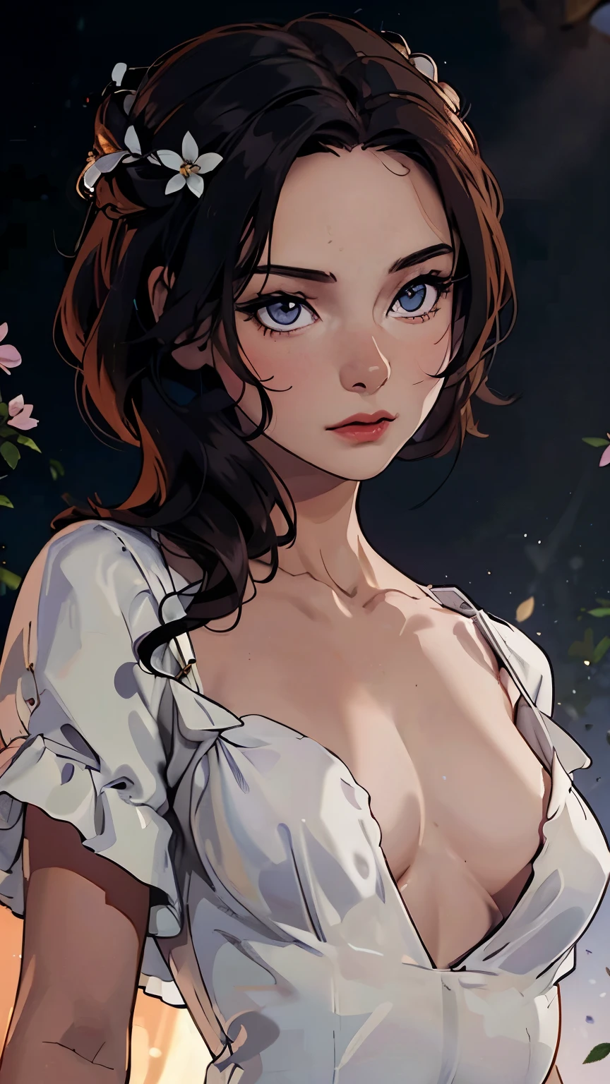 Korean woman holding flower name, White Dresses, , Close-up photo, Complete Hand, clip on hair, ((Small tits)), at night, ((Dress with open chest)), Deep black background, Cover nipples