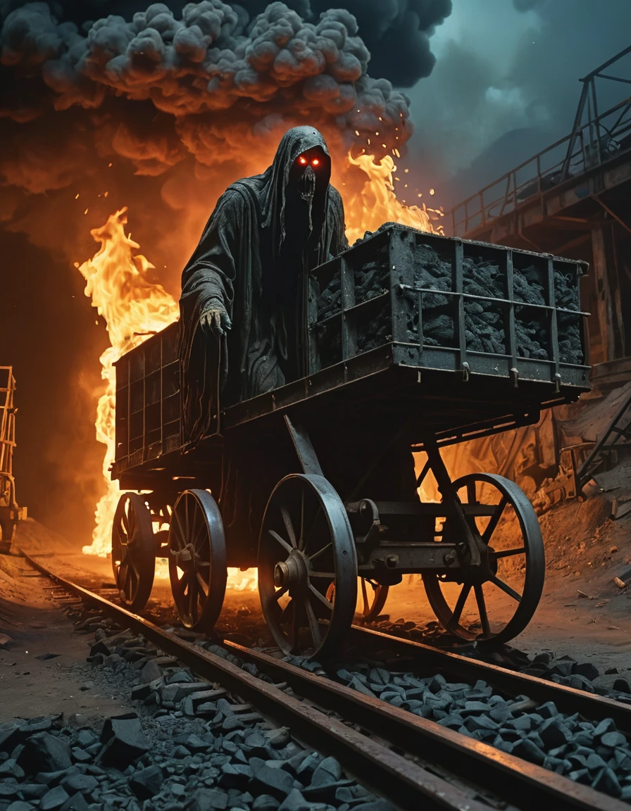 medium full shot shot, A ghostly figure with bright shining burning eyes pushing an old 1950 style coal mining cart on tracks low to the ground filled with coal in an abandoned mine that is on fire., (High Fantasy Art Magical mythical enchanted epic enigmatic spellbinding :1.3)