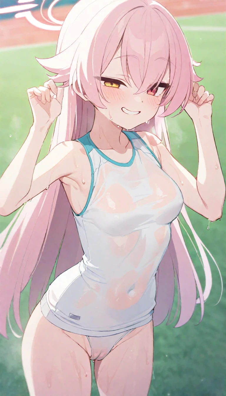 NSFW, Hoshino, Hoshino_Blue_Archive, sport clothes, sweaty, one eye red other yellow, bangs, visible eyes, bright smile, standing, sports field, see through clothes, breasts, hands up, smug, no underwear, really tight clothes, labia Majora, cameltoe, bodily fluids