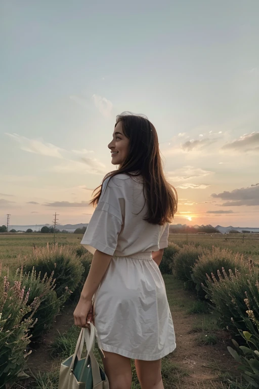 Image of a person standing in an open field during dawn. A pessoa, dressed casually and comfortably, olha para um horizonte amplo com um leve sorriso, symbolizing hope and expectation. The sky should be colored with soft shades of orange and pink, indicating the beginning of a new day. In the hands, ela segura algumas sementes prontas para serem plantadas, metaforicamente representando o plantio de futuras riquezas.