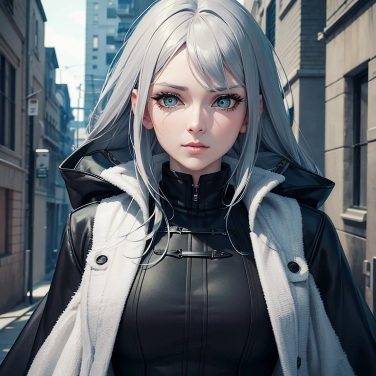 a woman with grey hair green eyes in a black coat , Anime, Anime art germ, Anime styled digital art, realistic anime, 3d anime, Extremely detailed.