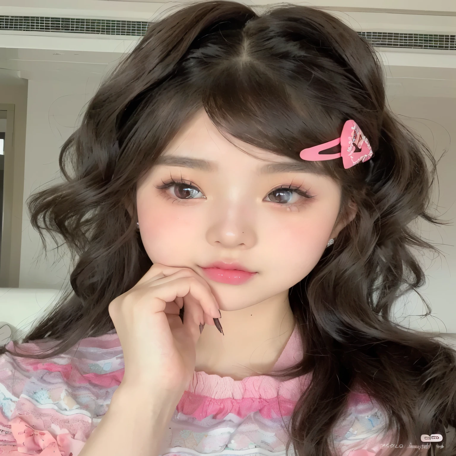 a close up of a woman with a pink bow on her head, kawaii realistic portrait, ulzzang, cute natural anime face, cute kawaii girl, popular south korean makeup, kawaii hair style, girl cute-fine-face, kawaii hairstyle, cute anime face, pretty anime face, popular korean makeup, small heart - shaped face, brown hair and large eyes