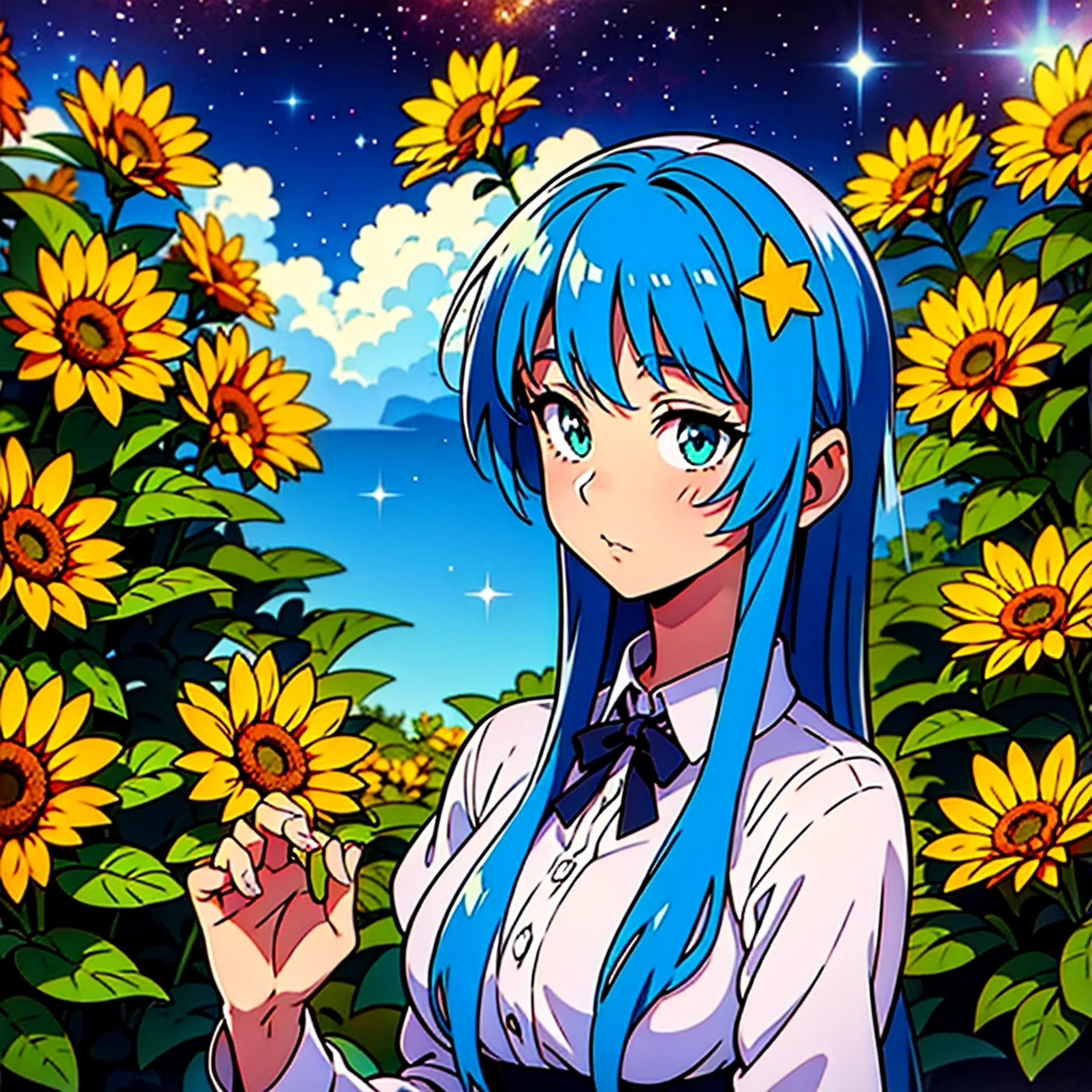 Close-up shot, an Anime wearing a white glass , standing on the land,night view ,Many stars on the night sky,The Milky Way ,colorful flowers,headshot close-up, oil painting style, very obvious oil painting strokes, impressionist palette style, 32k uhd, beautiful, booru, Old time, color cartoon --ar 3:4 --