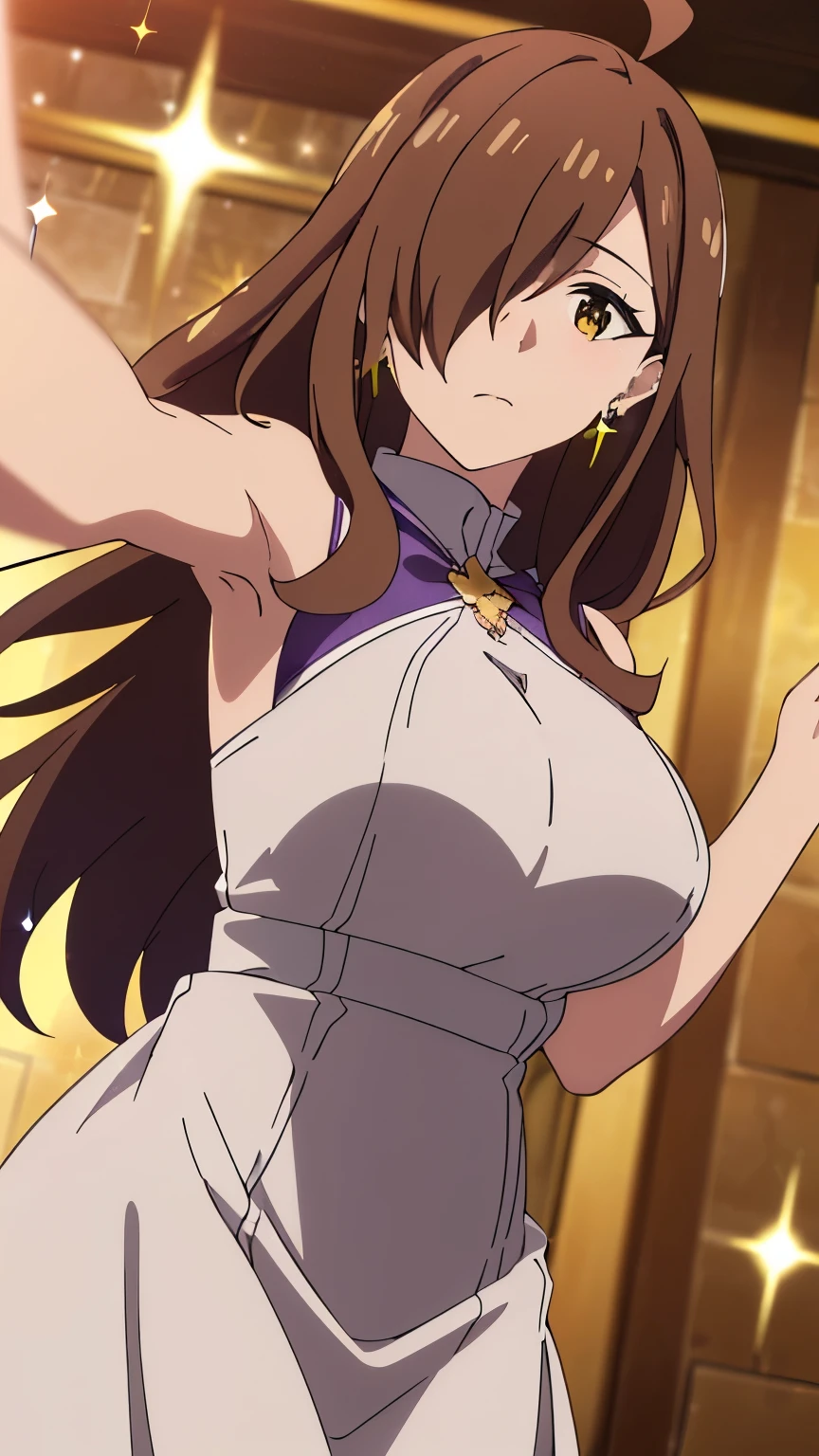 (best quality,8k,high-resolution,masterpiece:1.2),ultra-detailed, anime art style, dynamic angle, detailed brown hair, detailed eyes,wiz,1 girl, solo, adult style, large breasts, soft expression, long hair, ahoge, side lock, hair covering one eye,(western style party dress, glitter, hair accessories, earrings, party venue:1.3)