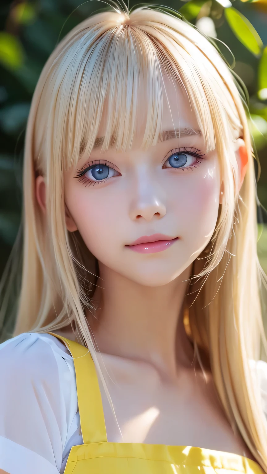 (Close-up:1.4)、(RAW shooting:1.2)、(Photorealistic:1.4)、(masterpiece:1.3)、(highest quality:1.4)、Bright expression、Very beautiful natural platinum blonde girl、Extraordinary platinum blonde beauty、Detailed cute and beautiful face、Beautiful bangs above the eyes、Shiny white glossy skin、Facial hair、Bangs that reach the face、Bangs between the eyes、Super long white blonde hair、Attractive bright natural platinum blonde super long straight silky hair、Thin Hair、Attractive shining beautiful bright clear light blue big eyes、White Apron、Yellow dress、eyeliner、Double eyelids、Ample Bust、Upper body、Small Face Beauty、Cheek gloss highlight