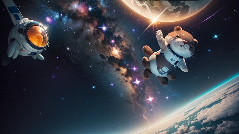 there is a cartoon otter in a space suit floating in the air, outter space, outerspace, outer space, anthropomorphic otter in costume, in outer space, cute otter, otter wearing a spacesuit, anthropomorphic furry otter, from outer space, dreaming of outer space, fantasy otter love, otter, cute otter sailor eat cake, beautiful galaxies and bright stars in the background