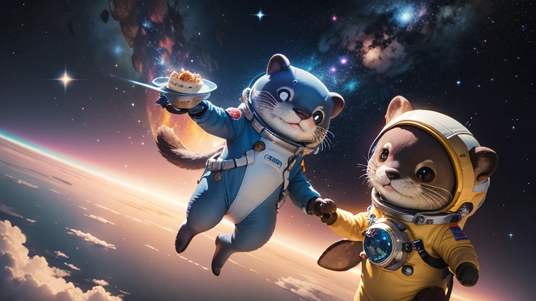 there is a cartoon otter in a space suit floating in the air, outter space, outerspace, outer space, anthropomorphic otter in costume, in outer space, cute otter, otter wearing a spacesuit, anthropomorphic furry otter, from outer space, dreaming of outer space, fantasy otter love, otter, cute otter sailor eat cake, beautiful galaxies and bright stars in the background