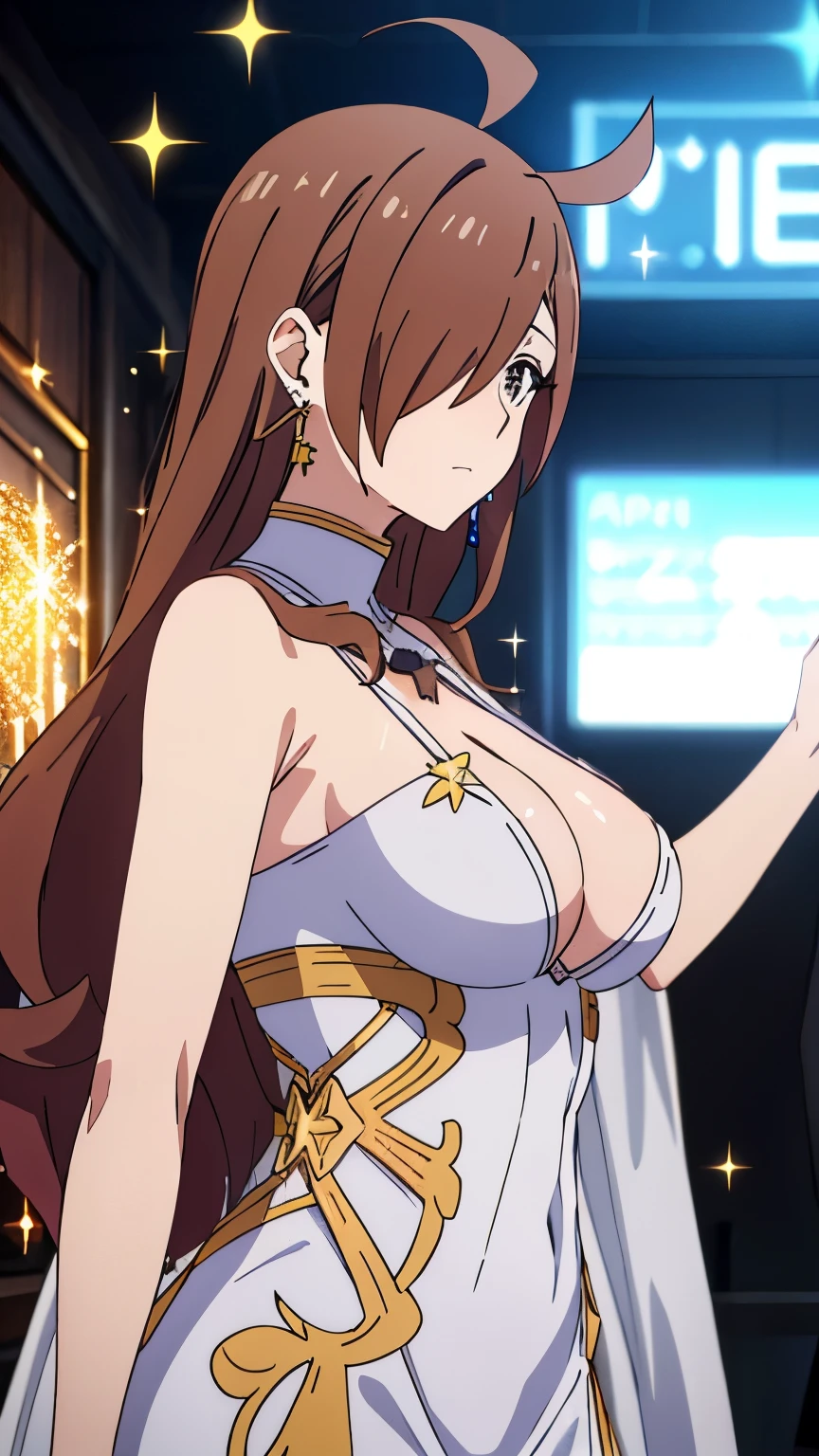 (best quality,8k,high-resolution,masterpiece:1.2),ultra-detailed, anime art style, dynamic angle, detailed brown hair, detailed eyes,wiz,1 girl, solo, adult style, large breasts, soft expression, long hair, ahoge, side lock, hair covering one eye,(western style party dress, sparkly clothes, hair accessories, earrings, party venue:1.3)