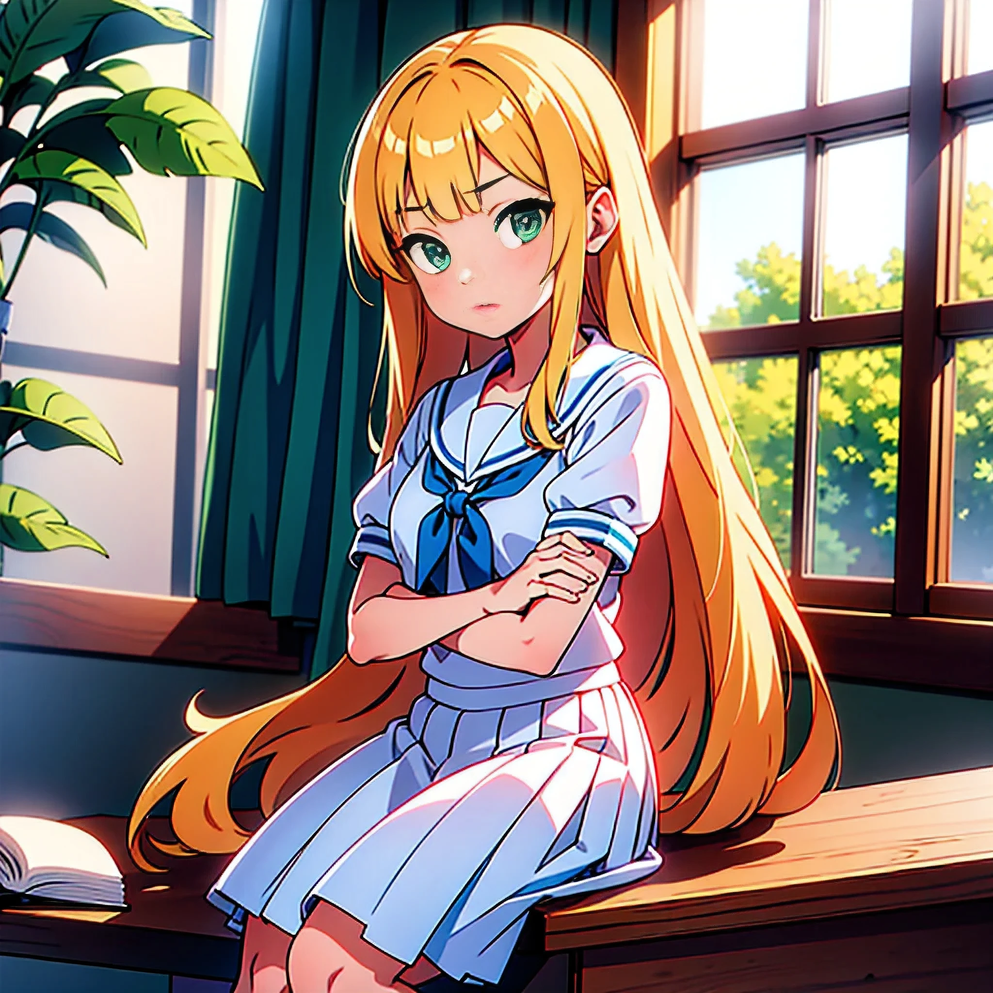 ((masterpiece,best quality, high resolution)), 1girl, solo, green eyes, blonde long hair tied with blue ribbon, blunt bangs, sitting, folded arms on the table, sleep on the folded arms, , white serafuku, red sailor collar, short sleeves, white pleated skirt, (in library), dramatic light, beside window, afternoon light through the window, afternoon, bokeh effect