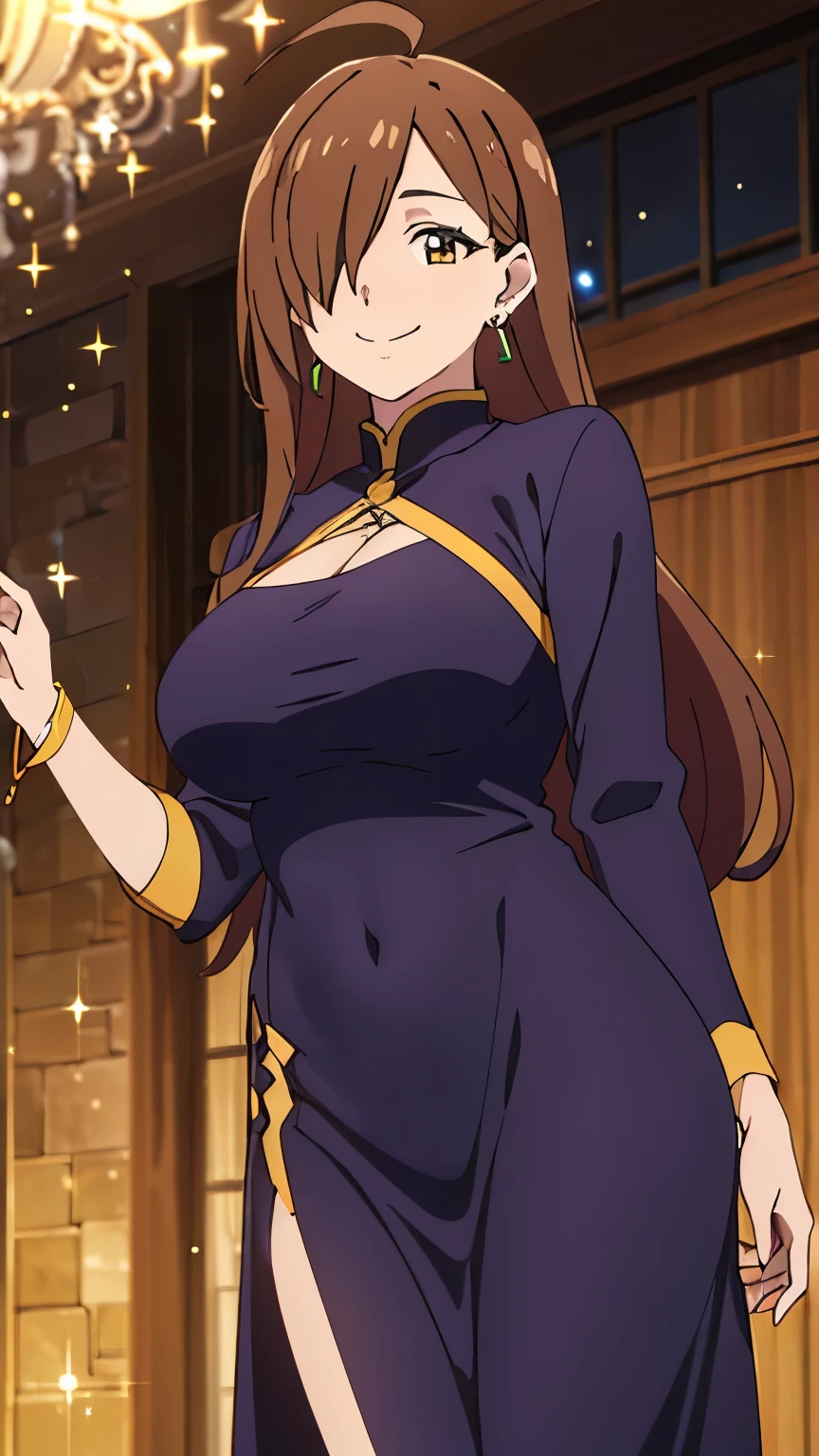(best quality,8k,high-resolution,masterpiece:1.2),ultra-detailed, anime art style, dynamic angle, detailed brown hair, detailed eyes,wiz,1 girl, solo, adult style, large breasts, soft expression, long hair, ahoge, side lock, hair covering one eye,(western style party dress, sparkly clothes, hair accessories, earrings, party venue, smile:1.3)
