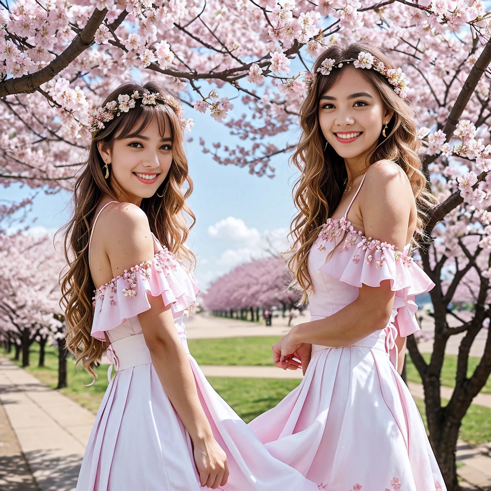 art by Cornflower, dreamy, cherry_blossoms, falling_petals, petals, branch, pink_flower, 1girl,20-year-old, blue_sky, spring_(season), petals_on_liquid, flower, hanami, dress, (Long blond curly hair：1.5),Wearing a wreath,sky, outdoors, cloud, bangs, smile, pink_eyes, White skirt with cherry blossom embellishments, bare_shoulders, earrings, holding_flower, wind, tree, looking_at_viewer,cowboy shot,