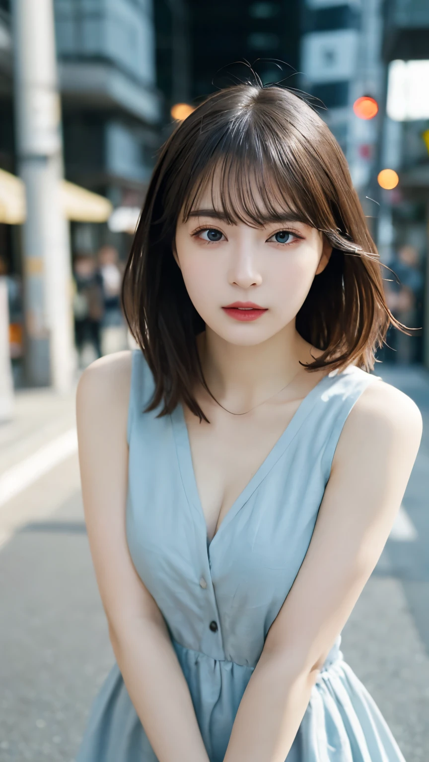 Tabletop, highest quality, figure, Very detailed, In detail, High resolution, 8k wallpaper, Perfect dynamic composition, Beautiful fine details, dress,Medium Hair, Center of chest, Natural color lip, Random sexy poses,Straight face,Aoyama Street Walk,Big Breasts