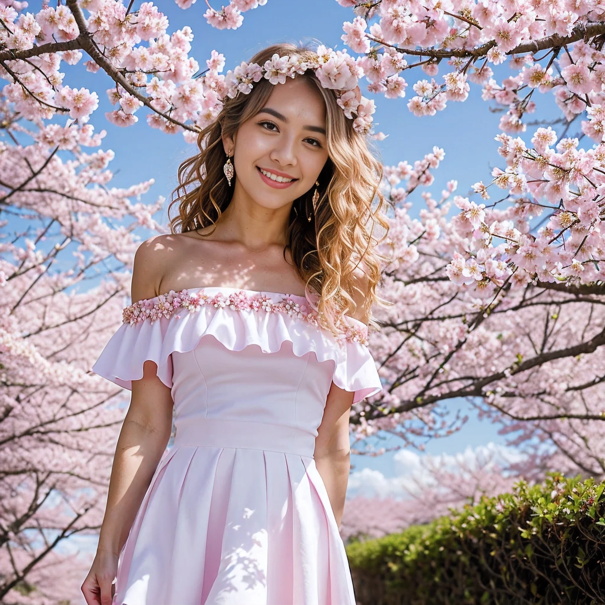 art by Cornflower, dreamy, cherry_blossoms, falling_petals, petals, branch, pink_flower, 1girl,20-year-old, blue_sky, spring_(season), petals_on_liquid, flower, hanami, dress, (Long blond curly hair：1.5),Wearing a wreath,sky, outdoors, cloud, bangs, smile, pink_eyes, White skirt with cherry blossom embellishments, bare_shoulders, earrings, holding_flower, wind, tree, looking_at_viewer,cowboy shot,