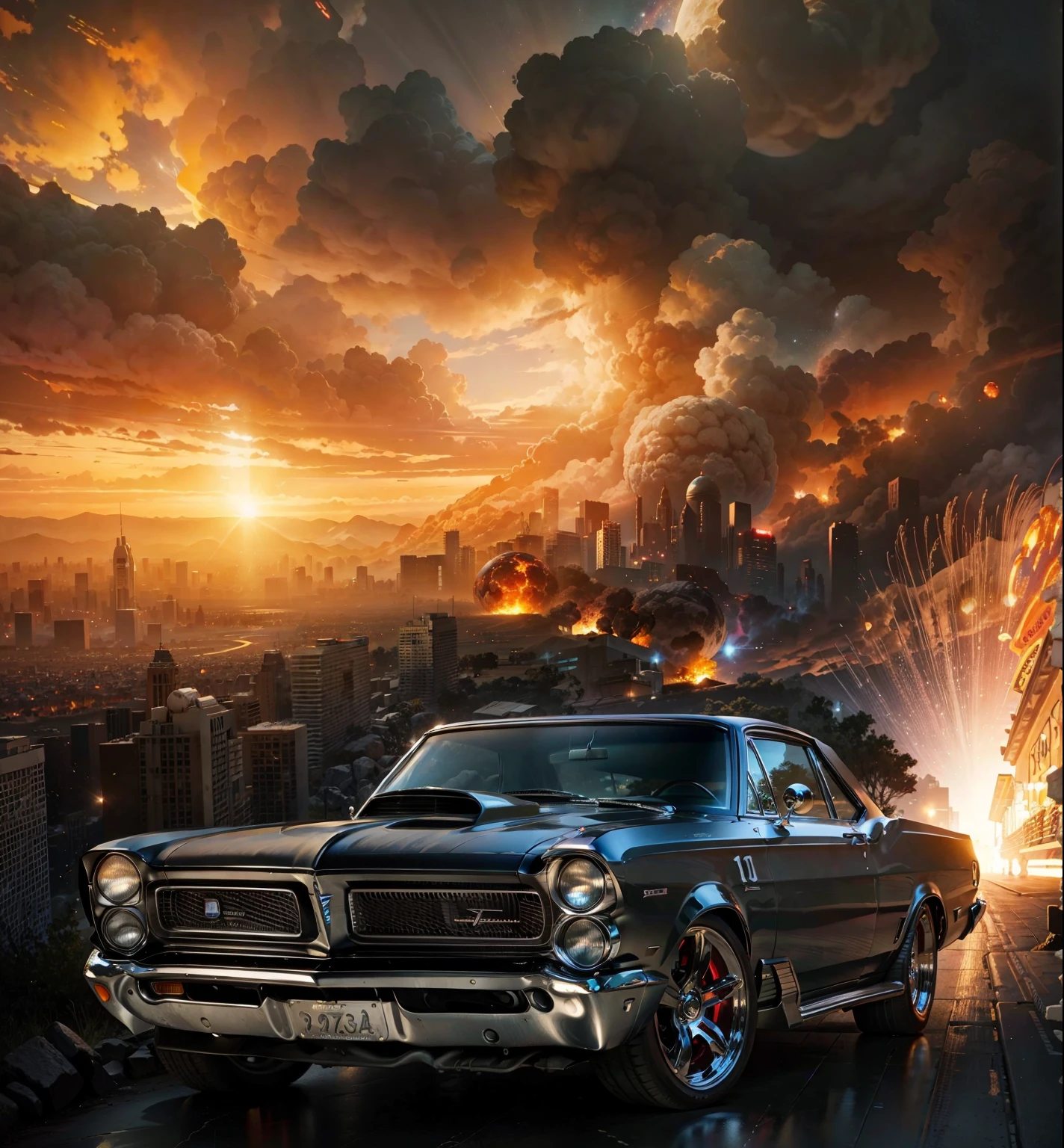 A Pontiac 1965 Muscle sport car headlights on in the foreground, in the background is a sci fi city with a giant asteroid ball of fire destroying the earth