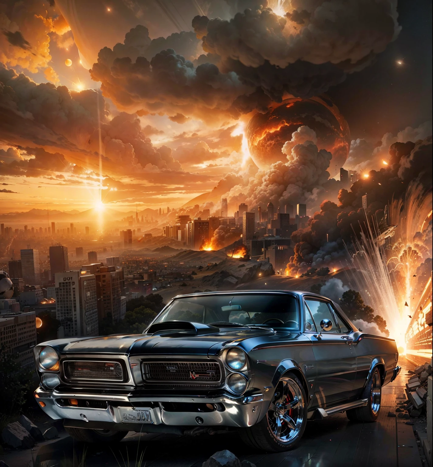 A Pontiac 1965 Muscle sport car headlights on in the foreground, in the background is a sci fi city with a giant asteroid ball of fire destroying the earth