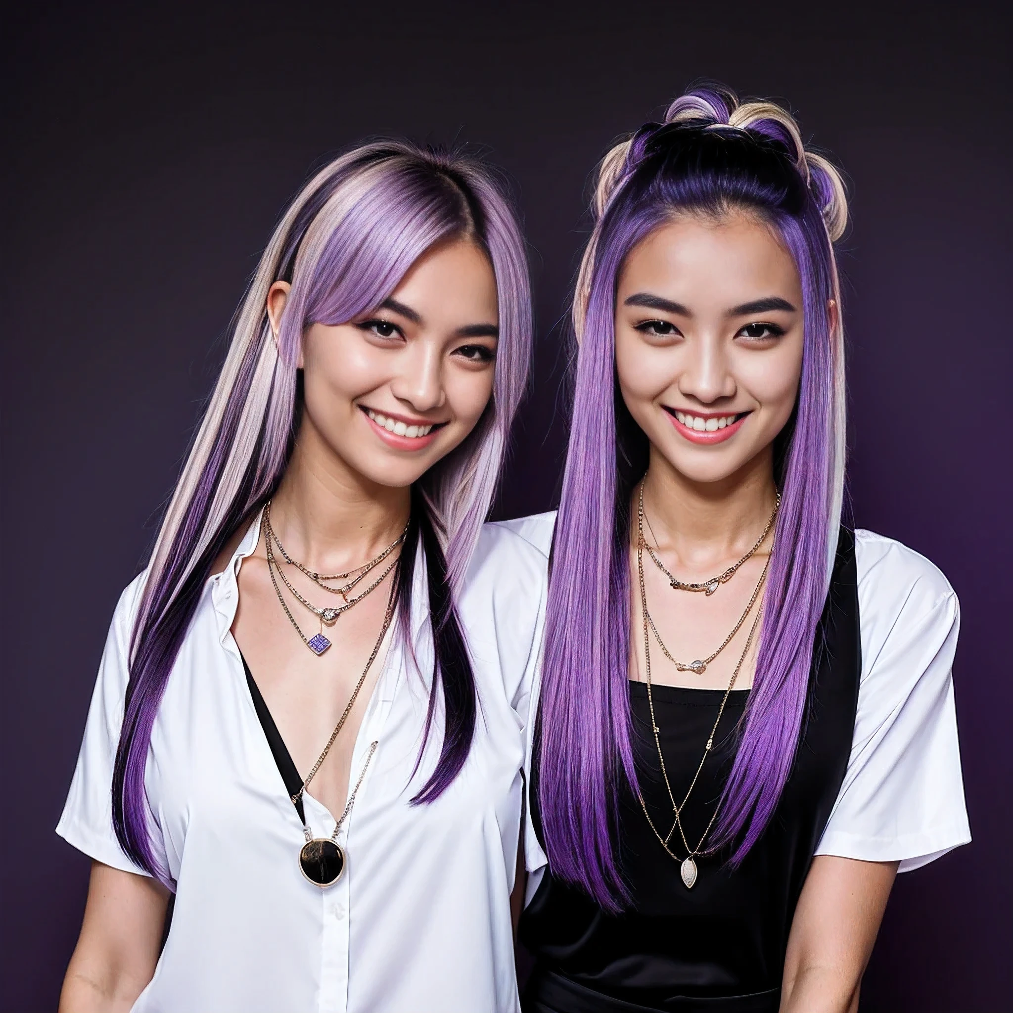 Masterpiece,1girl,solo, light smile, metal necklace, white shirt, modern , accessories, two-tone hair color in purple and black, unique hairstyle, stylish, black background