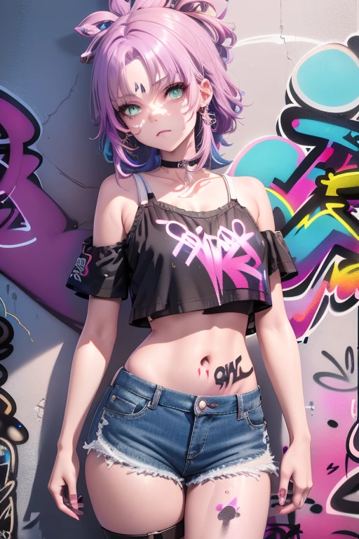 1girl, solo, crop top, denim shorts, choker, (graffiti:1.5), paint splatter, wall, looking at viewer, armband, thigh strap, head tilt, unhappy, multicolored hair, aqua eyes, sensual pose, side view, full shot, (Highly detailed), (high resolution), (Best quality), (masterpiece)