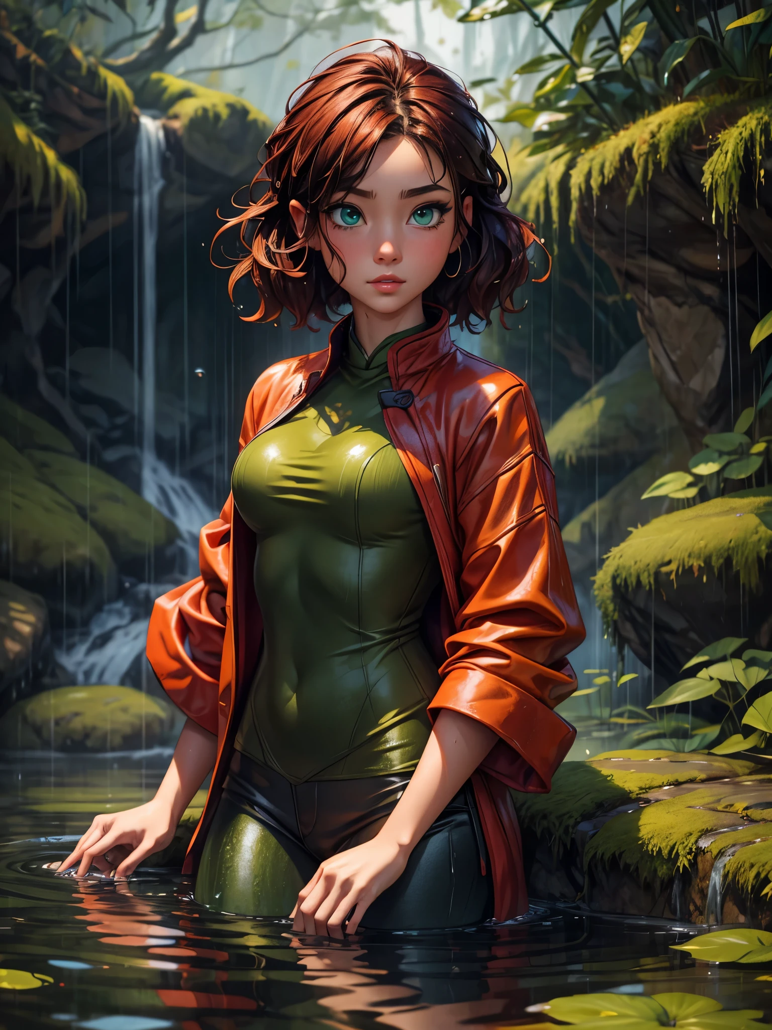 masterpiece, best quality, autumn outfit, colorful hair, outdoor,upper body, colorful autumnal clothes, ((fully clothed)), warm clothes, wet clothes, soaked, drenched, excited, wet hair, wet and slimy, water up to her chest, submerged, fantasy environment, fantasy chinese environment ,fantastical, vivid colors, varied poses, detailed green eyes, beautiful Asian girl