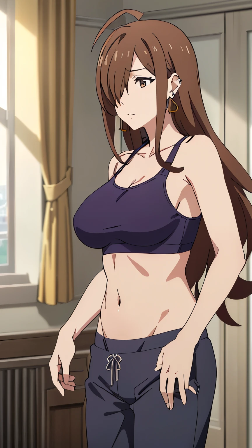 (best quality,8k,high-resolution,masterpiece:1.2),ultra-detailed, anime art style, dynamic angle, detailed brown hair, detailed eyes,wiz,1 girl, solo, adult style, large breasts, soft expression, long hair, ahoge, side lock, hair covering one eye,(innerwear, pants, earrings, room:1.3)