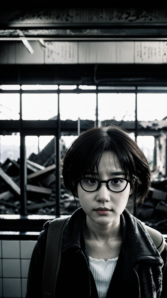 subway,Showa,Collapse,Devastation,Inside the ruins,Glasses,Women,adventure,Black and White,
