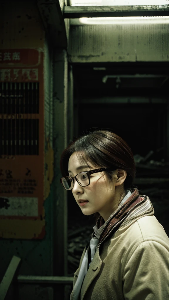 subway,Showa,Collapse,Devastation,Inside the ruins,Glasses,Women,adventure,Black and White,