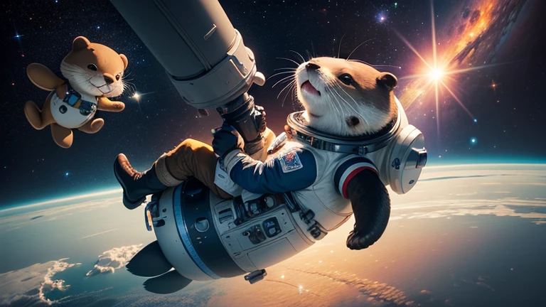 there is a cartoon otter in a space suit floating in the air, outter space, outerspace, outer space, anthropomorphic otter in costume, in outer space, cute otter, otter wearing a spacesuit, anthropomorphic furry otter, from outer space, dreaming of outer space, fantasy otter love, otter, cute otter sailor eat cake, beautiful galaxies and bright stars in the background