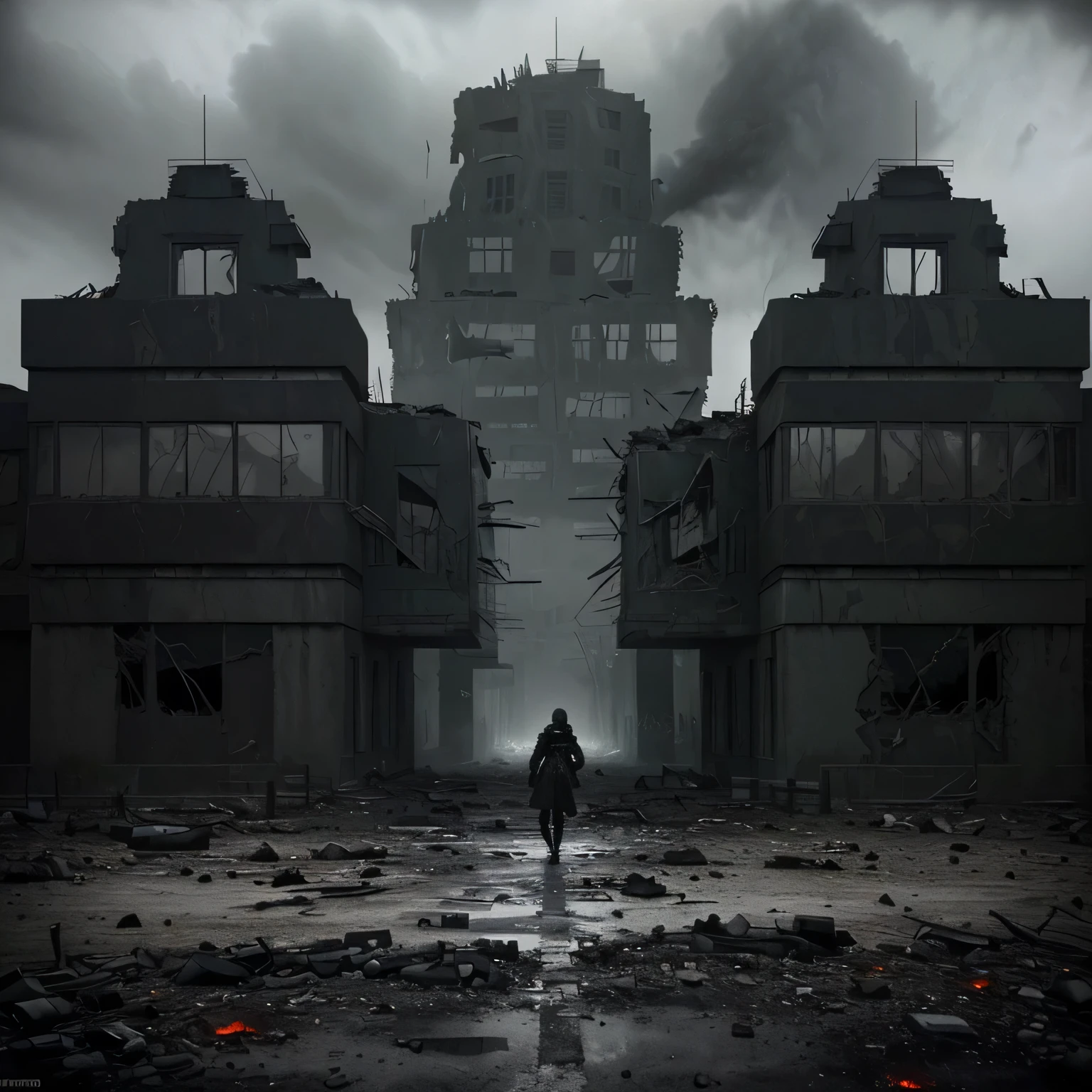 A dystopian future dominated by Nazis,Abstract painting with intense colors,Superb attention to details:1.1,Portraits,High-contrast lighting,Dark and ominous atmosphere, soldiers patrolling the streets,imposing architecture,desolate landscapes,war-torn city ruins,dramatic perspective,metallic textures,sinister propaganda posters,crumbling walls and broken windows,haunting shadows and silhouettes,subdued color palette:black and white with hints of red,smoke and fog,post-apocalyptic vibe,unsettling silence,bullet-ridden buildings,distorted reality,fearful expressions on people's faces,deep sense of oppression and resistance,ominous sky with storm clouds gathering