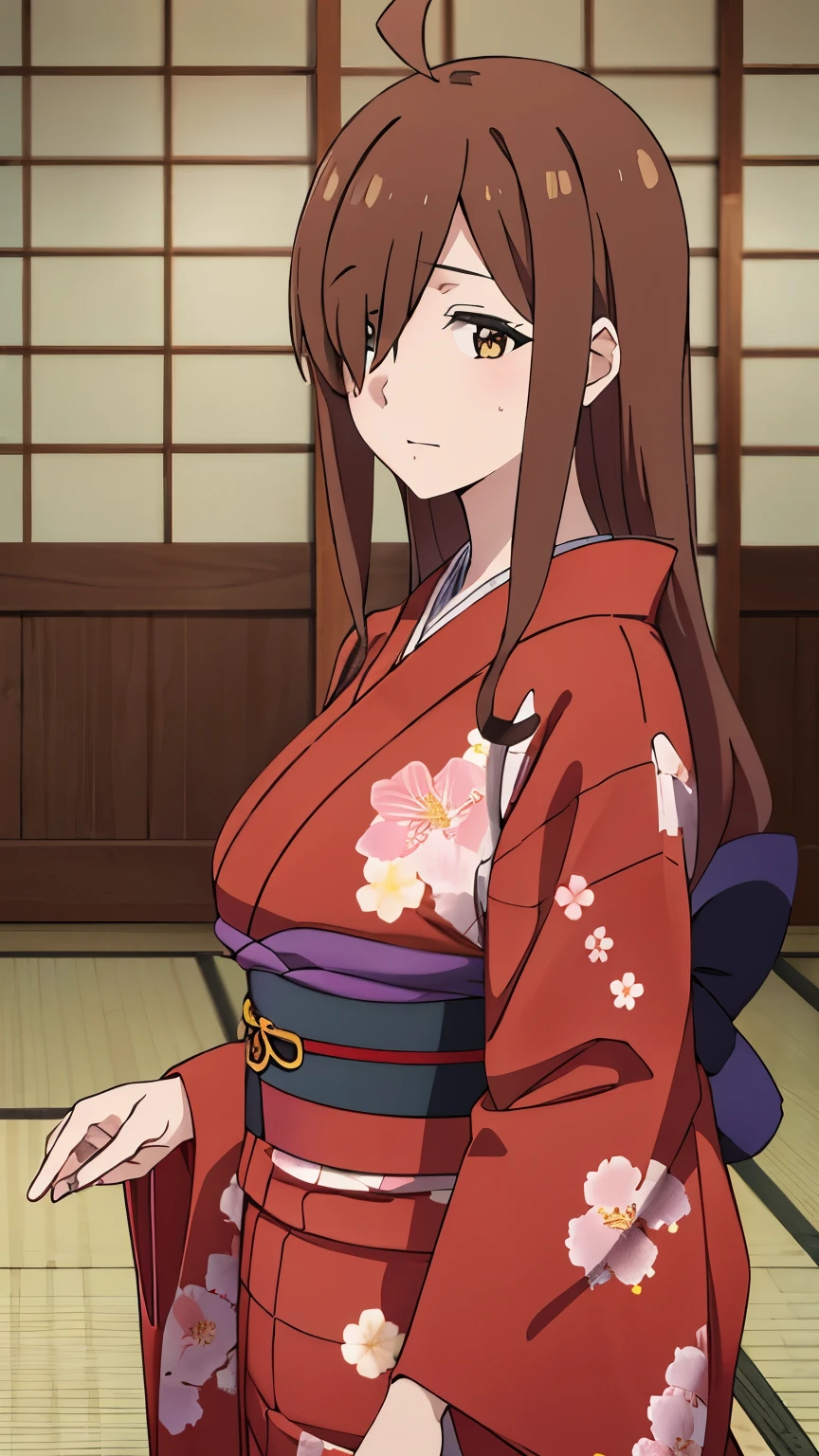 (best quality,8k,high-resolution,masterpiece:1.2),ultra-detailed, anime art style, dynamic angle, detailed brown hair, detailed eyes,wiz,1 girl, solo, adult style, large breasts, soft expression, long hair, ahoge, side lock, hair covering one eye,(japanese clothing, red kimono, long sleeves, floral print, sash, indoor:1.3)