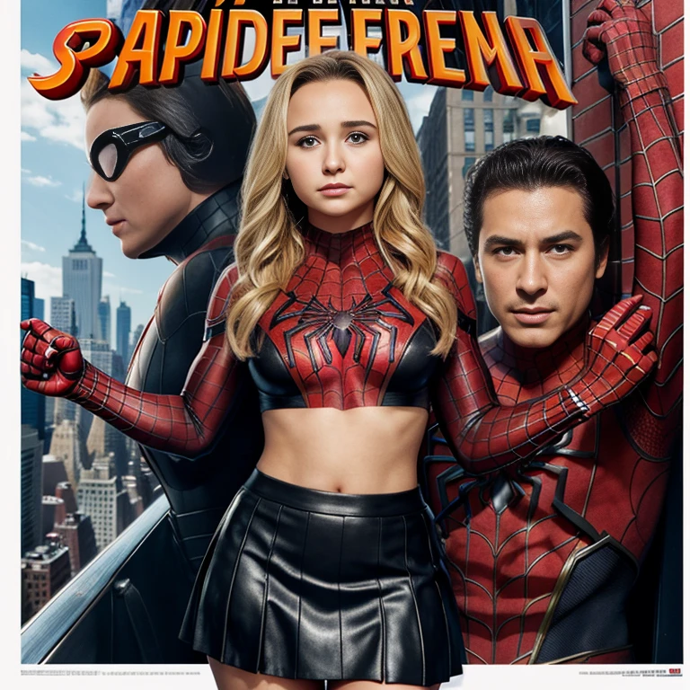 Hayden Panettiere、マーベル・コミック映画のPoster, Very beautiful, Movies about Spiderman, sexy, whole body, I'm wearing a skirt、Premiere date, Poster、belly buttonを突き出す、new york、She&#39;s wearing a torn Spider-Man suit,The suit is torn、Wearing a skirt、 Red and black color scheme,dynamic、masterpiece、highest quality、Ultra-detailed、Very detailed、A delicate and beautiful shine、超A high resolution、Cinematic,Break,Breakdrop,(Torn clothes:1.5), (Wet clothes:1.4), Bare shoulders,Real Rain,Wet Hair,belly button、Exposing Skin、sexyな肩を見せてる