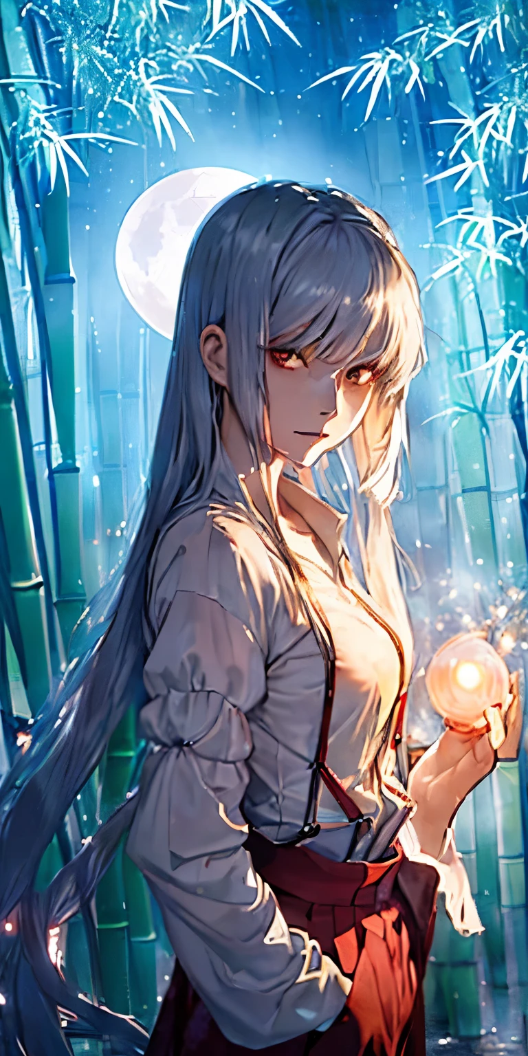 (masterpiece, best quality:1.3), (cinematic angle:1.3), Fujiwara no Mokou, Touhou Series, perfect face, expressive eyes, 1 girl, looking at viewer, 16 years old, beautiful, anime, lora, silver hair, long hair, white shirt, red long pants, (look evil:1.5), (cinematic lighting, realistic, dream-like, enchanting atmosphere:1.5), (an old japanese mansion with moonlight leaking, in bamboo forest, midnight, big full moon:1.3), 
