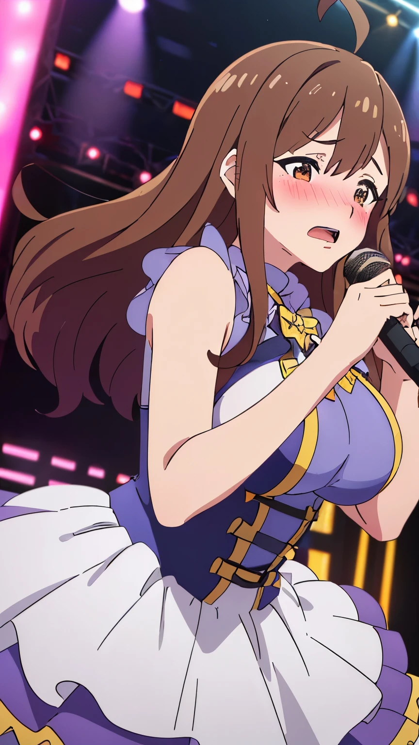 (Top Quality, 8K, High Resolution, Masterpiece: 1.2), Super Detailed, Anime Art Style, Dynamic Angle, Detailed Brown Hair, Detailed Eyes, Wiz, 1 Girl, Solo, Adult, Big Breasts, Soft Expression, Long Hair, Ahoge, side lock, (idol costume, idol dress, idol stage, microphone, singing, open mouth, blushing: 1.3)