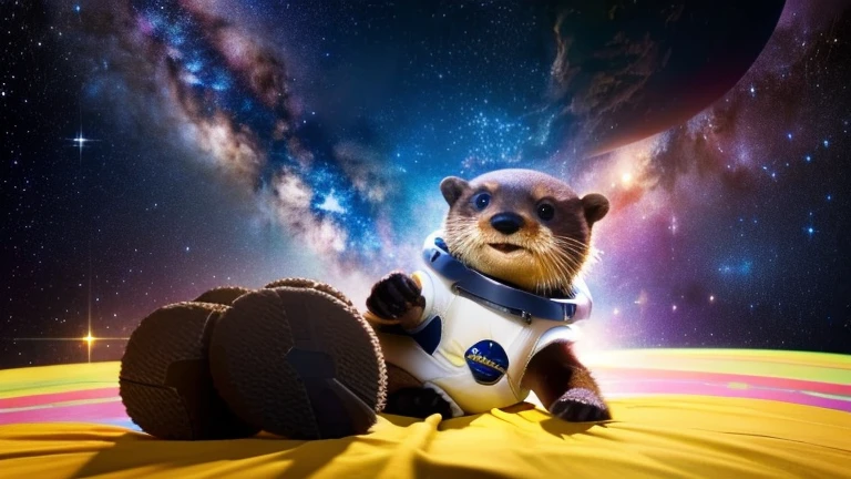 there is a cartoon otter in a space suit floating in the air, outter space, outerspace, outer space, anthropomorphic otter in costume, in outer space, cute otter, otter wearing a spacesuit, anthropomorphic furry otter, from outer space, dreaming of outer space, fantasy otter love, otter, cute otter sailor eat cake, beautiful galaxies and bright stars in the background