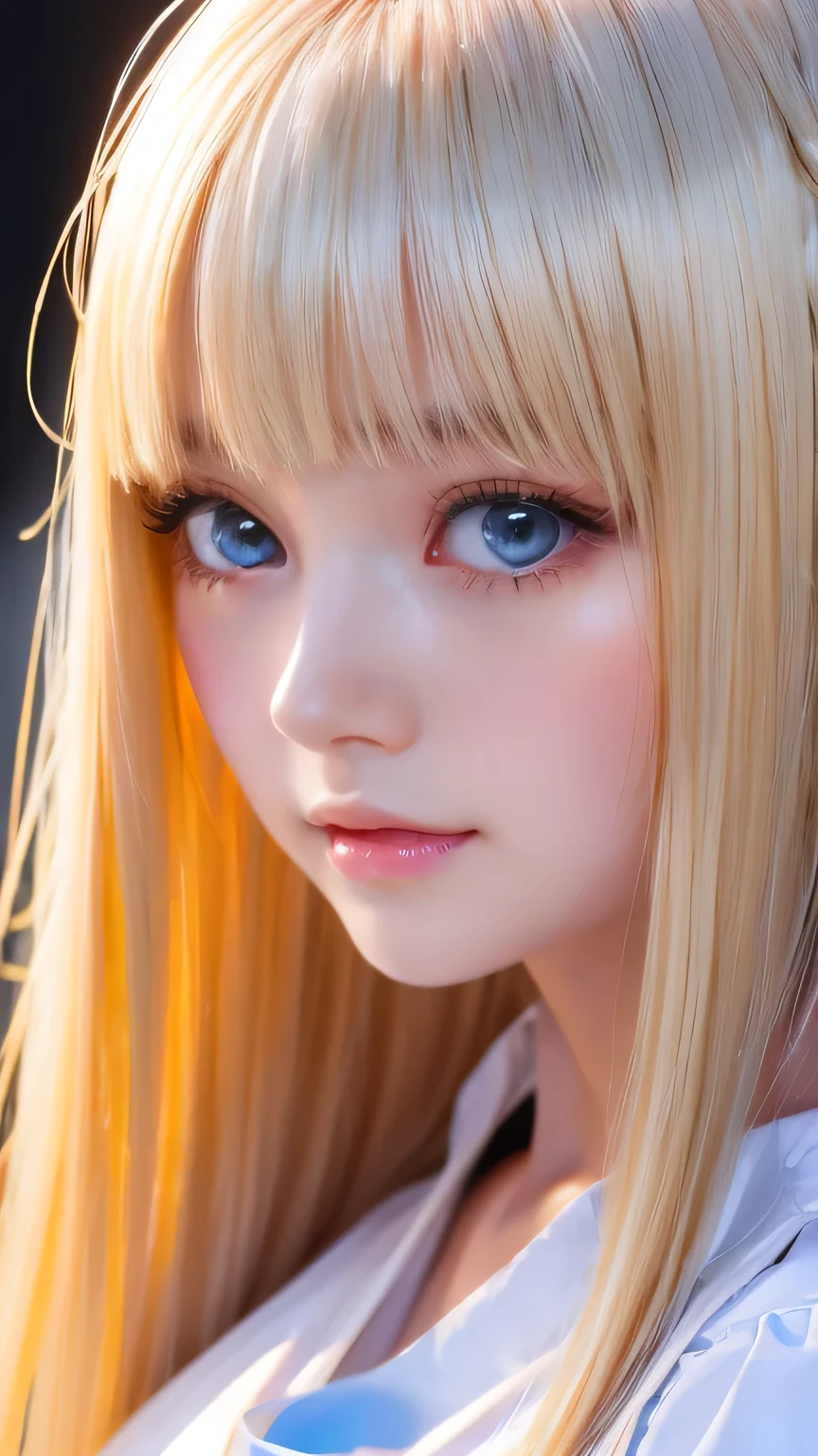 (Close-up:1.4)、(RAW shooting:1.2)、(Photorealistic:1.4)、(masterpiece:1.3)、(highest quality:1.4)、Bright expression、Very beautiful natural platinum blonde girl、Extraordinary platinum blonde beauty、Detailed cute and beautiful face、Beautiful bangs above the eyes、Shiny white glossy skin、Facial hair、Bangs that reach the face、Bangs between the eyes、Super long white blonde hair、Attractive bright natural platinum blonde super long straight silky hair、Thin Hair、Attractive shining beautiful bright clear light blue big eyes、White Apron、Yellow dress、eyeliner、Double eyelids、Ample Bust、Upper body、Small Face Beauty、Cheek gloss highlight