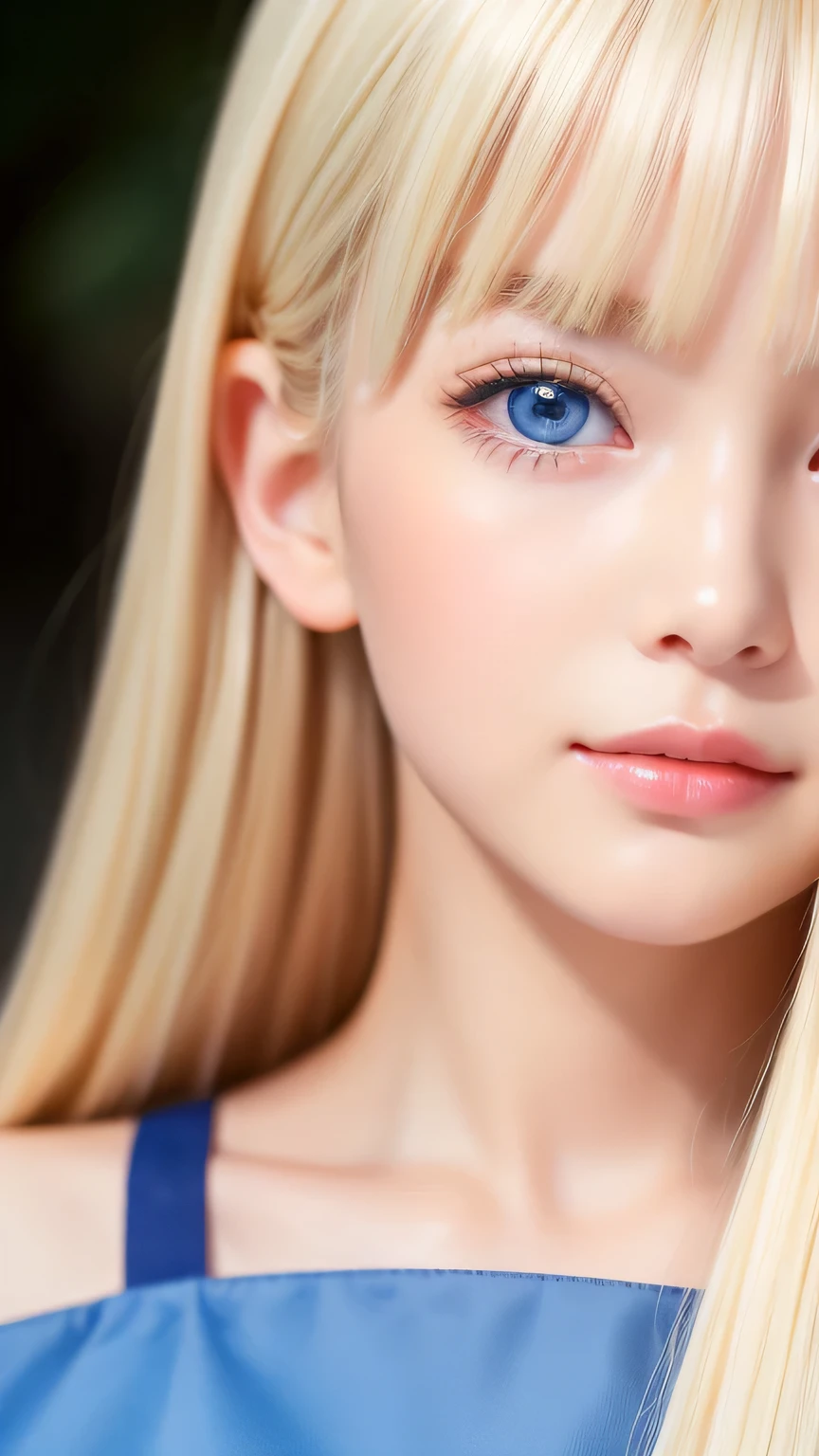 (Close-up:1.4)、(RAW shooting:1.2)、(Photorealistic:1.4)、(masterpiece:1.3)、(highest quality:1.4)、Bright expression、Very beautiful natural platinum blonde girl、Extraordinary platinum blonde beauty、Detailed cute and beautiful face、Beautiful bangs above the eyes、Shiny white glossy skin、Facial hair、Bangs that reach the face、Bangs between the eyes、Super long white blonde hair、Attractive bright natural platinum blonde super long straight silky hair、Thin Hair、Attractive shining beautiful bright clear light blue big eyes、White Apron、Yellow dress、eyeliner、Double eyelids、Ample Bust、Upper body、Small Face Beauty、Cheek gloss highlight