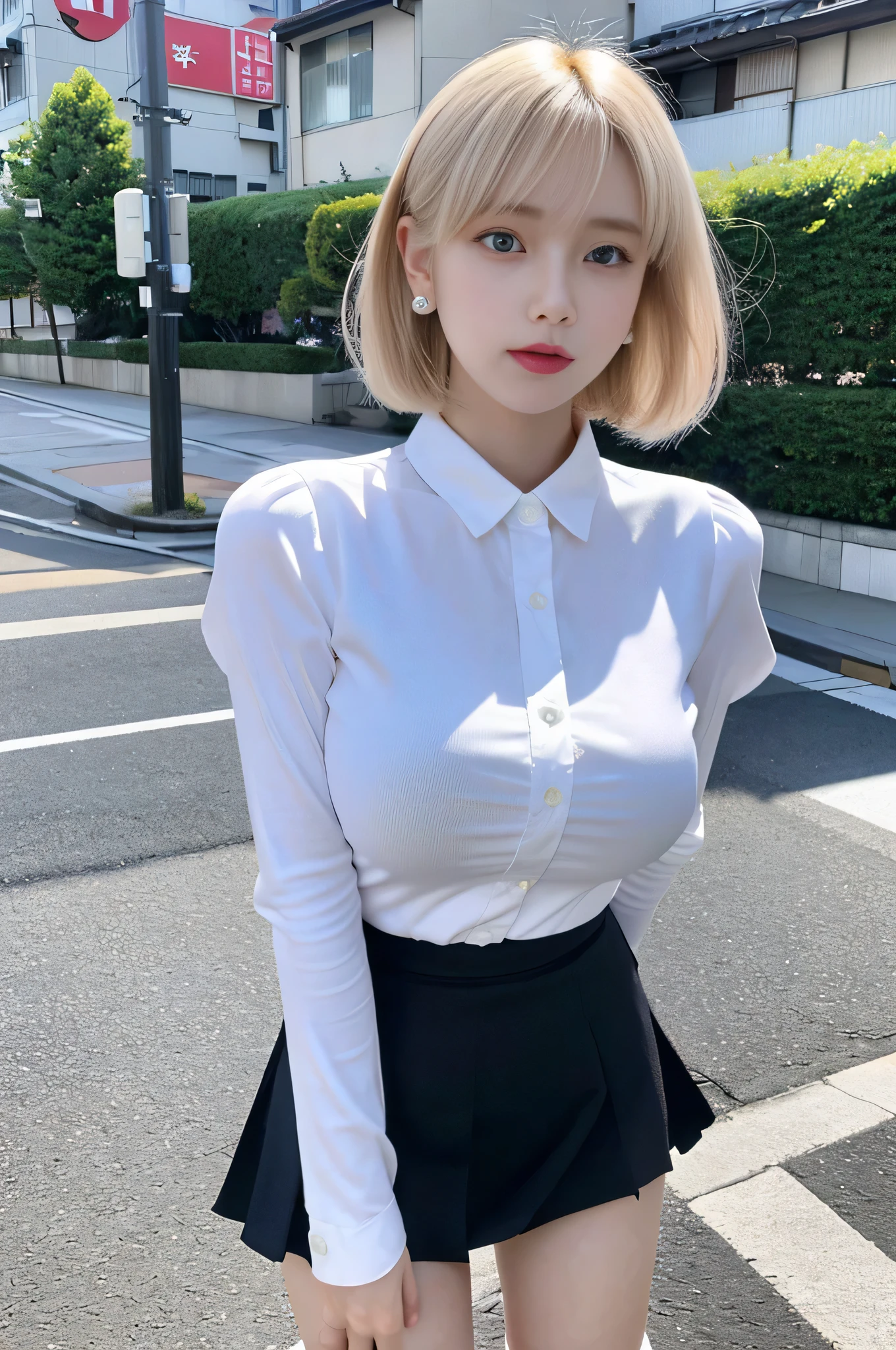 cyber punk, highest quality, masterpiece, shape, Realistic, photo-Realistic, wonderful, finely, Very detailed, High resolution, Very detailed, unity 8k wallpaper, Full body shot of a beautiful young woman with Korean-style features resembling a popular actress, Blouse, Ruffled Skirt, Knee high socks, (Very small breasts), thin, She has pink and bluish eyeshadow, bangs, blonde, short hair, head, and arms. Standing and looking at me, Japanese residential area, Narrow eyes, Long and narrow eye shape, Three white eyes, Confident expression, Evil look, Very slender and beautiful legs, Beautiful and thin thighs, Earrings,