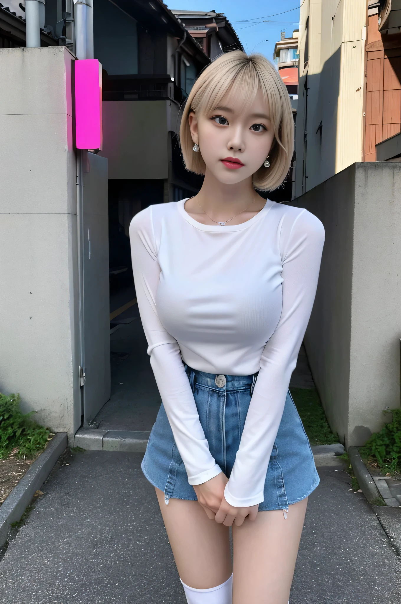 cyber punk, highest quality, masterpiece, shape, Realistic, photo-Realistic, wonderful, finely, Very detailed, High resolution, Very detailed, unity 8k wallpaper, Full body shot of a beautiful young woman with Korean-style features resembling a popular actress, Blouse, Ruffled Skirt, Knee high socks, (Very small breasts), thin, She has pink and bluish eyeshadow, bangs, blonde, short hair, head, and arms. Standing and looking at me, Japanese residential area, Narrow eyes, Long and narrow eye shape, Three white eyes, Confident expression, Evil look, Very slender and beautiful legs, Beautiful and thin thighs, Earrings,