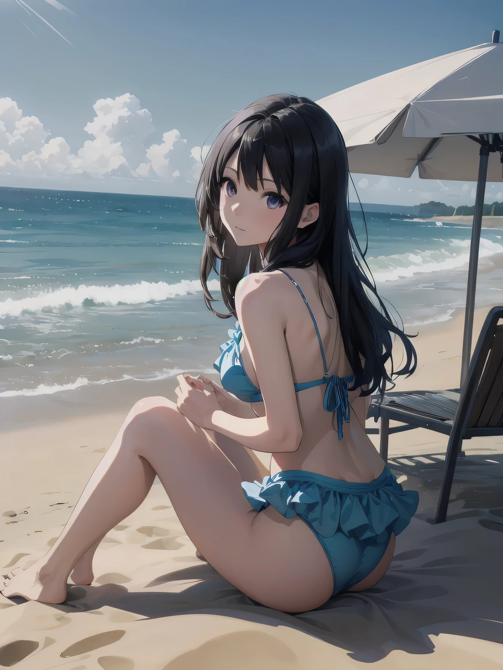 (Realistic, photo Realistic:1.2), ((highest quality)), Shift the center of gravity backwards, Quite embarrassing, Kousaka Reine, Long Hair, light blue bikini, frill, Beautiful facial details, Real human skin, Gentle expression, Front view, angle From below, Realistic, photoRealistic, beach, whole body, sitting on ground, knees raised, spread legs, (wind:1.2)