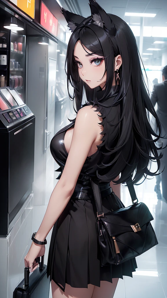 最high quality、best image quality、masterpiece、age girl((20-year-old、 By becoming、vest bust、medium bust,wide open breast tea、black eye, black hair、long hair、thin,highest valley、black suit、walk、black short skirt,chest、Eyeshadow Makeup、have a carry bag、back view、turn around、black long furr wolf tail、black extra large wolf pointint ears )),high quality、beautiful art、background((airport、limousine))、debris flies、Depth of written boundary、movie、visual art、perfect art、8K,genuine、