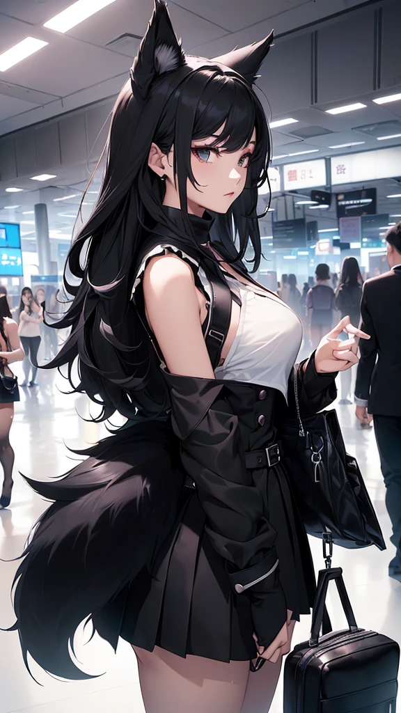 最high quality、best image quality、masterpiece、age girl((20-year-old、 By becoming、vest bust、medium bust,wide open breast tea、black eye, black hair、long hair、thin,highest valley、black suit、walk、black short skirt,chest、Eyeshadow Makeup、have a carry bag、back view、turn around、black long furr wolf tail、black extra large wolf pointint ears )),high quality、beautiful art、background((airport、limousine))、debris flies、Depth of written boundary、movie、visual art、perfect art、8K,genuine、