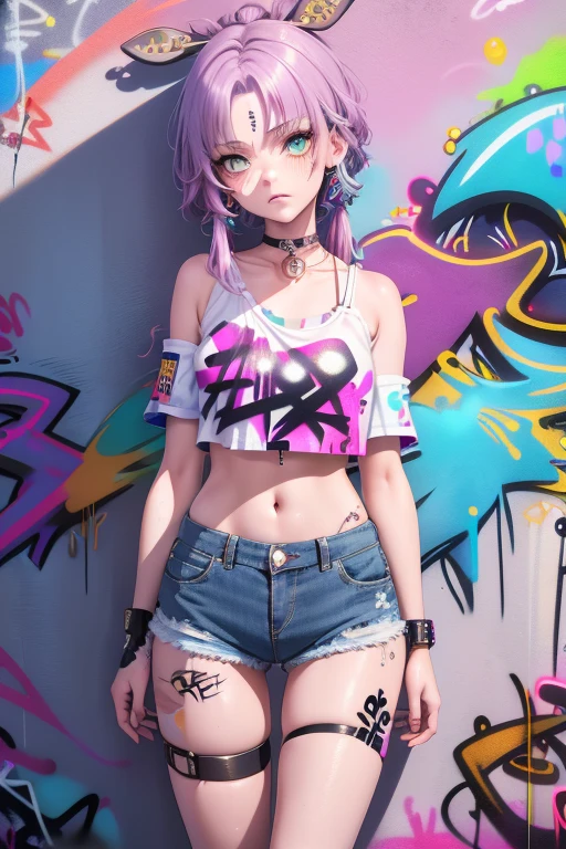 1girl, solo, crop top, denim shorts, choker, (graffiti:1.5), paint splatter, wall, looking at viewer, armband, thigh strap, head tilt, unhappy, multicolored hair, aqua eyes, sensual, full shot, (Highly detailed), (high resolution), (Best quality), (masterpiece)