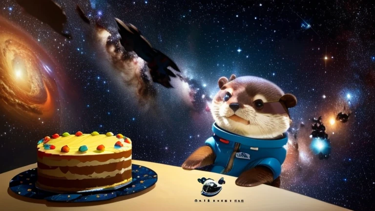 there is a cartoon otter in a space suit floating in the air, outter space, outerspace, outer space, anthropomorphic otter in costume, in outer space, cute otter, otter wearing a spacesuit, anthropomorphic furry otter, from outer space, dreaming of outer space, fantasy otter love, otter, cute otter sailor eat cake, beautiful galaxies and bright stars in the background