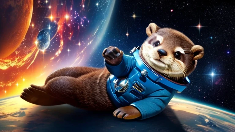 there is a cartoon otter in a space suit floating in the air, outter space, outerspace, outer space, anthropomorphic otter in costume, in outer space, cute otter, otter wearing a spacesuit, anthropomorphic furry otter, from outer space, dreaming of outer space, fantasy otter love, otter, cute otter sailor eat cake, beautiful galaxies and bright stars in the background