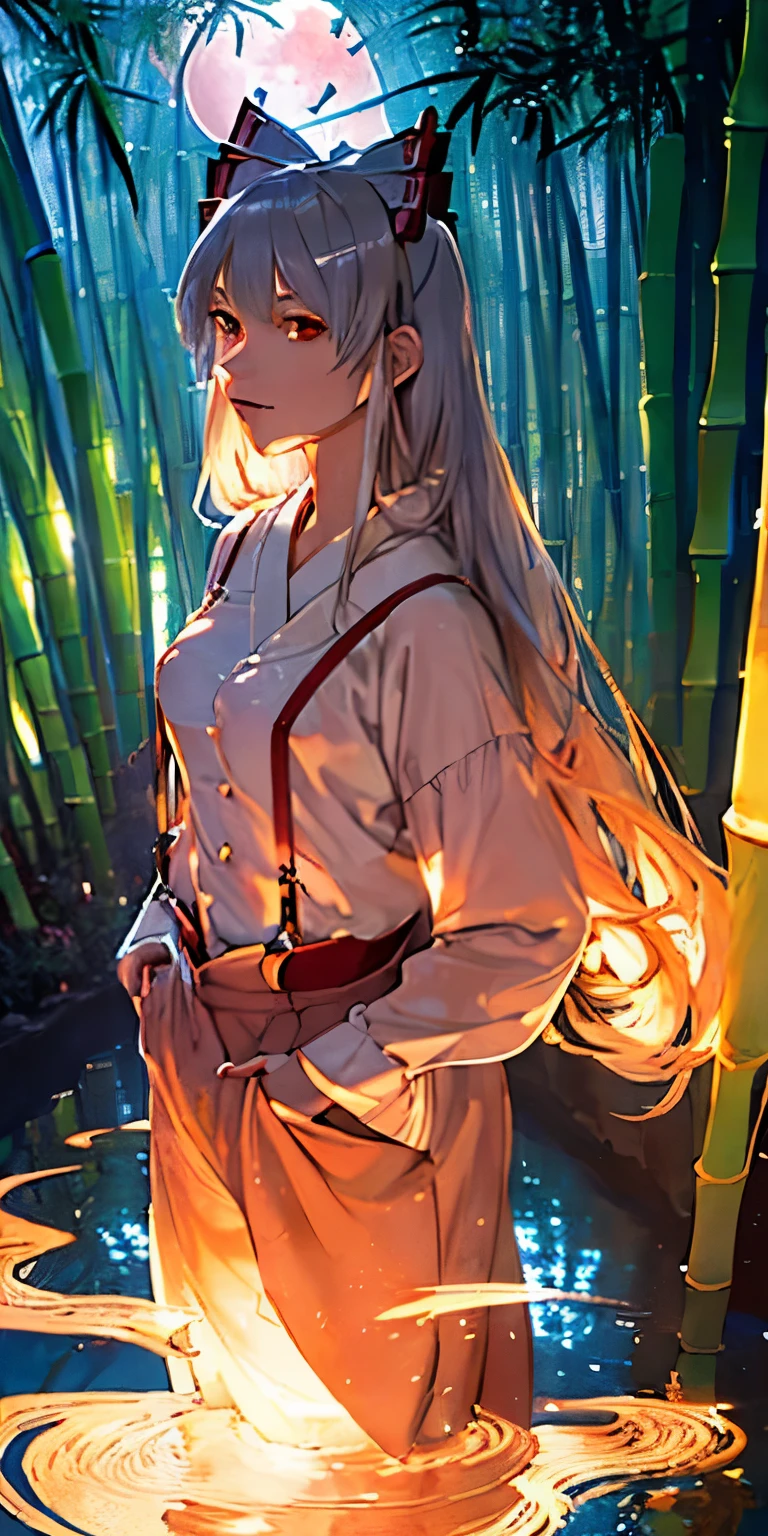 (masterpiece, best quality:1.3), (cinematic angle:1.3), Fujiwara no Mokou, Touhou Series, perfect face, expressive eyes, 1 girl, looking at viewer, 16 years old, beautiful, anime, lora, silver hair, long hair, white shirt, red long pants, (look evil:1.5), (cinematic lighting, realistic, dream-like, enchanting atmosphere:1.5), (an old japanese mansion with moonlight leaking, in bamboo forest, midnight, big full moon:1.3), 