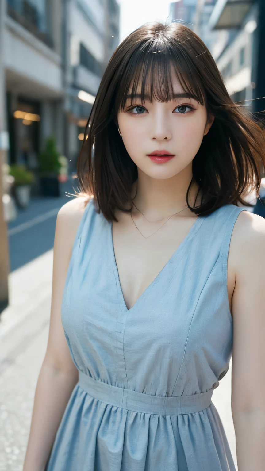 Tabletop, highest quality, figure, Very detailed, In detail, High resolution, 8k wallpaper, Perfect dynamic composition, Beautiful fine details, dress,Medium Hair, Center of chest, Natural color lip, Random sexy poses,Straight face,Aoyama Street Walk,Big Breasts