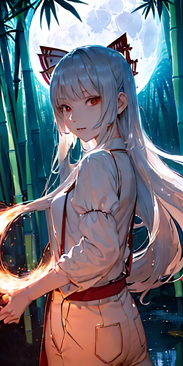 (masterpiece, best quality:1.3), (cinematic angle:1.3), Fujiwara no Mokou, Touhou Series, perfect face, expressive eyes, 1 girl, looking at viewer, 16 years old, beautiful, anime, lora, silver hair, long hair, white shirt, red long pants, (look evil:1.5), (cinematic lighting, realistic, dream-like, enchanting atmosphere:1.5), (an old japanese mansion with moonlight leaking, in bamboo forest, midnight, big full moon:1.3), 