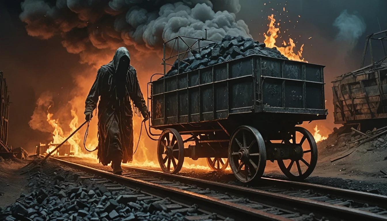 medium full shot shot, A ghostly figure with bright shining burning eyes pushing an old 1950 style coal mining cart on tracks low to the ground filled with coal in an abandoned mine that is on fire., (High Fantasy Art Magical mythical enchanted epic enigmatic spellbinding :1.3)