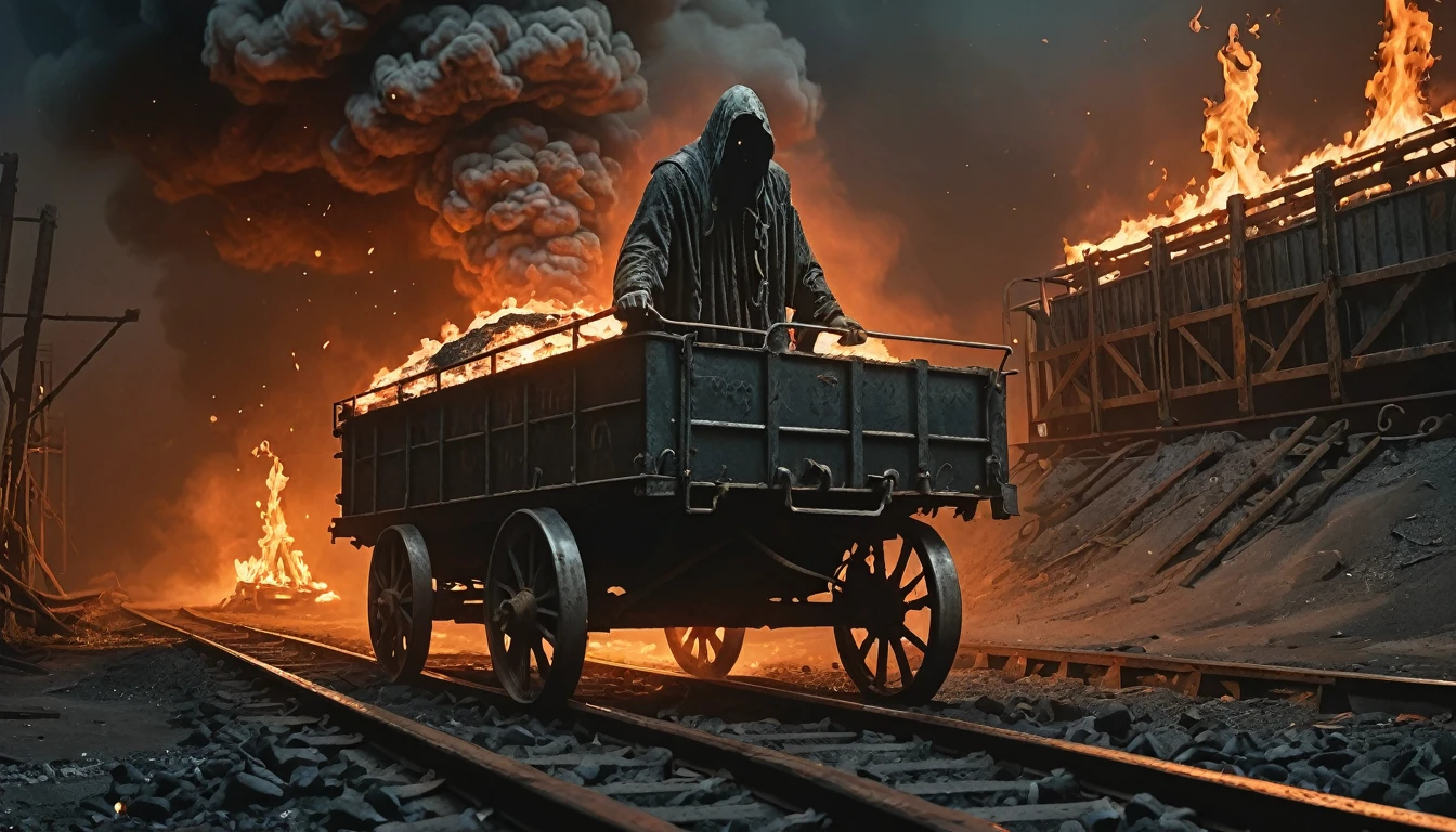 medium full shot shot, A ghostly figure with bright shining burning eyes pushing an old 1950 style coal mining cart on tracks low to the ground filled with coal in an abandoned mine that is on fire., (High Fantasy Art Magical mythical enchanted epic enigmatic spellbinding :1.3)