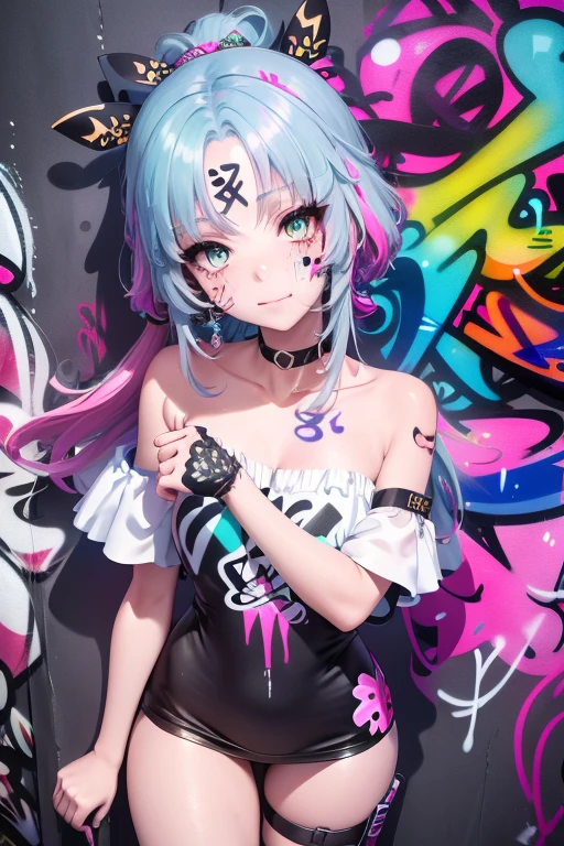 1girl, cute, choker, (graffiti:1.5), paint splatter, wall, looking at viewer, armband, thigh strap, head tilt, multicolored hair, aqua eyes, full shot, (Highly detailed), (high resolution), (Best quality), (masterpiece)